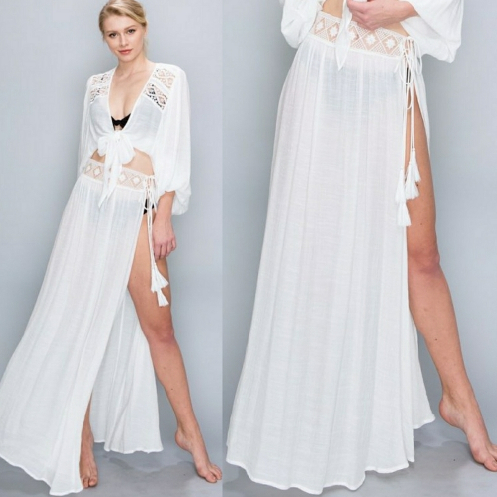 Waist Lace Trim Side Tie Sarong Cover Up Skirt